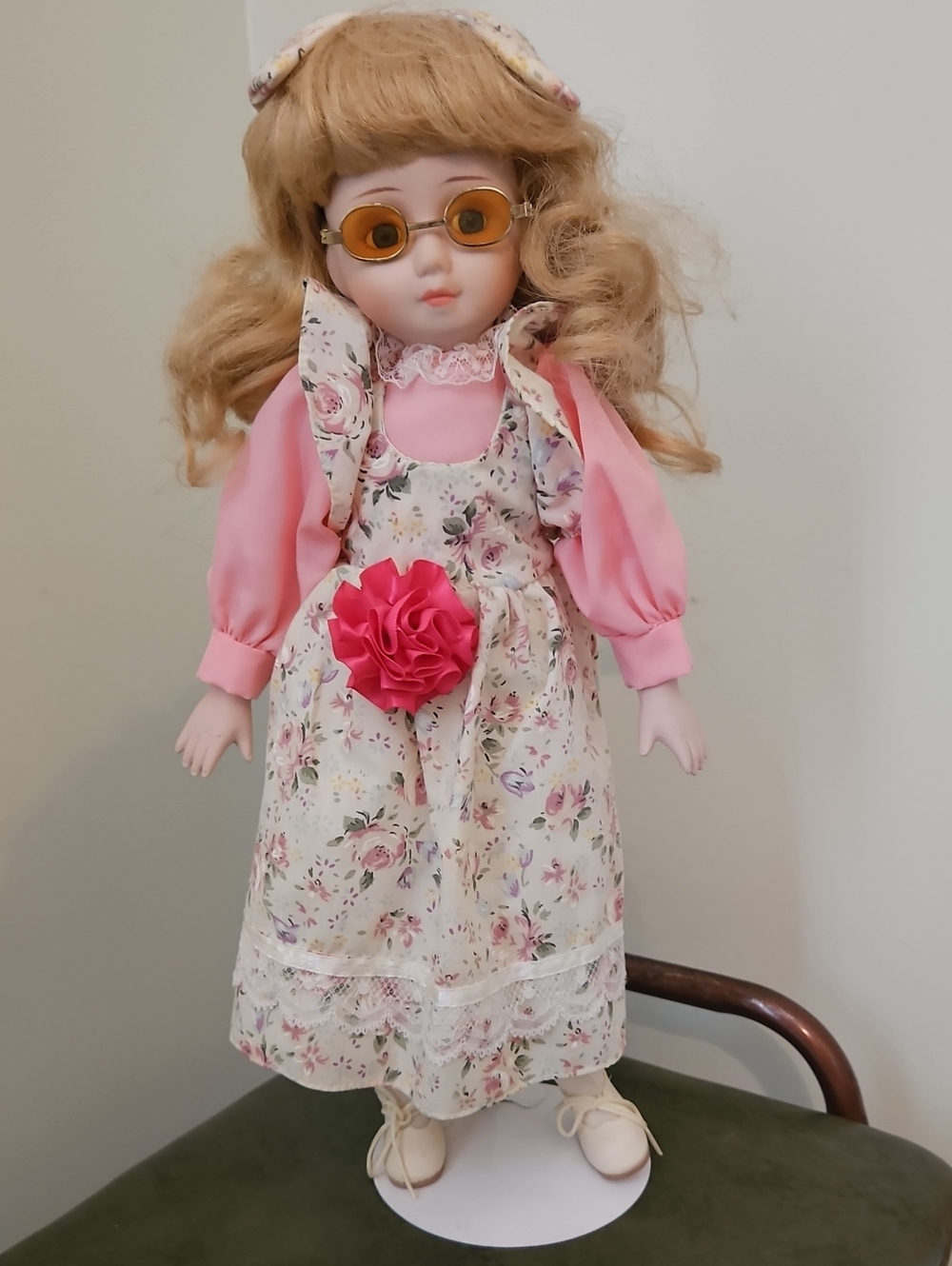 Pink Floral Dress Porcelain Blonde Doll with Rose Accent